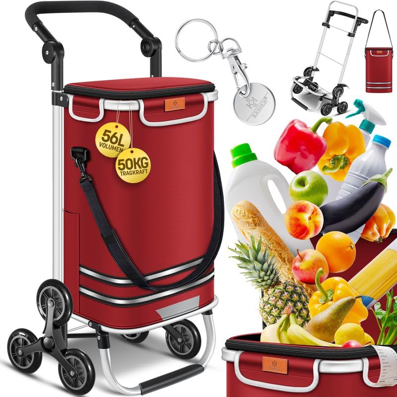 KESSER® Carrinho de compras - carrinho de compras com compartimento frigorífico, 56 L de capacidade, capacidade de carga até 50 kg, 3 em 1 carro e bolsa de ombro, Incl. Chip de compras, dobrável,