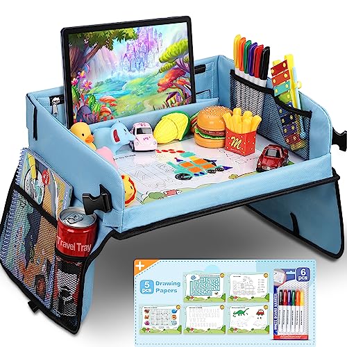COOLJOY Bandeja de viagem de carro crianças, mesa com placa impermeável de acolchoado suave, paredes laterais robustas - bandeja de comida e lanches assento de carro, viagem aérea