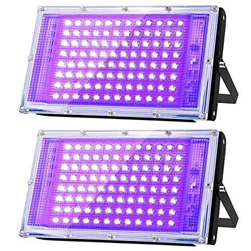 Glostars 100 W LED luz preta, forte holofote UV, IP66, 395-400 nm lâmpada UV com interruptor para festa de Natal, luz noturna, festa brilhante, ao ar livre (100 W(dois pacotes))