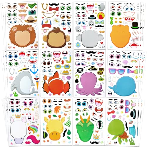 JOYIN 36 Autocolantes de animais infantis Set faça as suas próprias folhas de adesivos para misturar e combinar animais com leões, macacos e animais de fantasia, detalhes de aniversário infantis