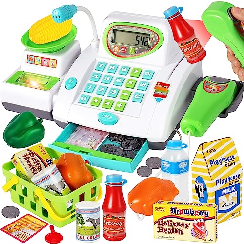 HERSITY Caixa registadora brinquedos com luz e som, microfone, comida brinquedos, caixa supermercado brinquedo, máquina registadora brinquedo educativo presente para meninas meninos 3 4 5 anos