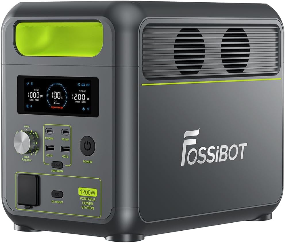 FOSSiBOT F1200 Estação de energia portátil, gerador solar LiFePO4 de 1024 Wh com 2 saídas de 1200 W CA (1200 W (2400 W) CA), bateria de 0-100 % em 45 min, ideal para campismo, caravaning, apagões