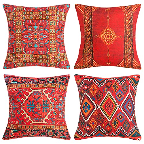 Conjunto de 4 fronhas de almofada fronha decorativa étnica turquesa 50 x 50 cm padrão de impressão de tapete oriental boémio, fecho invisível sofá para casa decoração interior e exterior