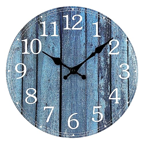 Plumeet Relógio de parede de madeira de 25 cm relógio de parede sem moldura com movimento silencioso de quartzo - relógio rústico de estilo simples moderno decoração da sala cozinha, azul