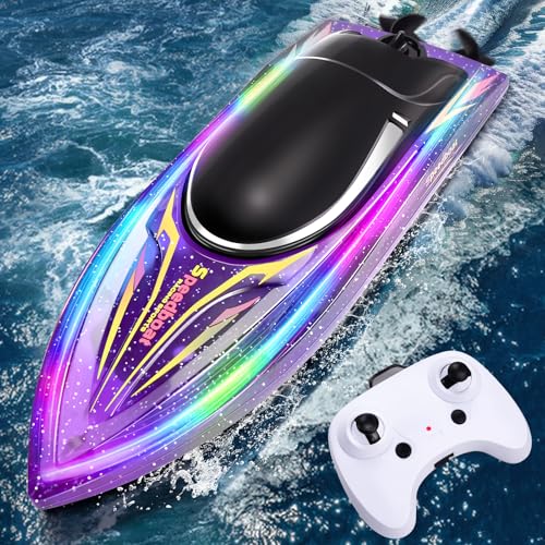 YOOHBERRYS Barco remoto, larga telescópica com luzes LED, 2,4 GHz barco RC rápido e impermeável para piscinas e lagos, brinquedo navios teledirecionado para crianças a partir de 8 anos (roxo)