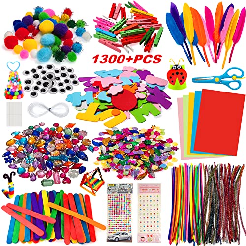 Kit artesanato crianças 1300 PCS, Conjunto de limpadores de cachimbo chenille e pompoms com Wiggle Eyes e Craft Sticks, jogo criativo presente para craft DIY Art Supplies
