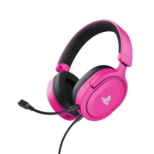 Trust Gaming GXT 498P Forta capacetes PS5 licença oficial para Playstation 5, drivers de 50 mm, áudio 3D, faixa de cabeça regulável, microfone removível, cabo de 1,2 m, auriculares de jogo, rosado