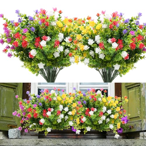 Yoicn Lth 14 pacotes de flores artificiais, 7 cores de flores de plástico resistentes a raios UV, plantas artificiais para decoração de jardim interior e exterior