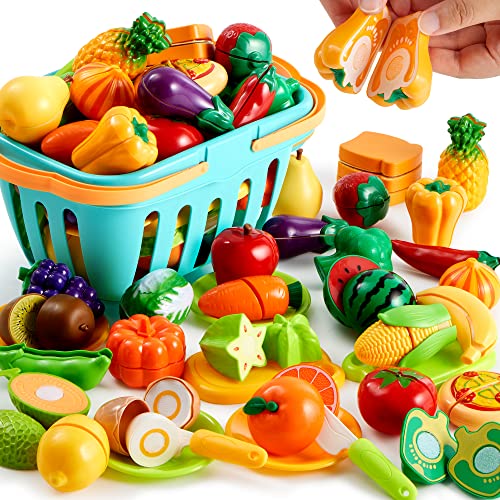 JOYIN 68 peças de brinquedo de comida para cortar para a cozinha crianças pequenas, inclui frutas e legumes de plástico, presentes para crianças pequenas