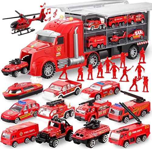JOYIN - Conjunto de brinquedos 25 em 1 camião de bombeiros de fundição com sons e luzes, veículos de bombeiros no camião transportador, minicarros de resgate e emergências, presente para crianças mais
