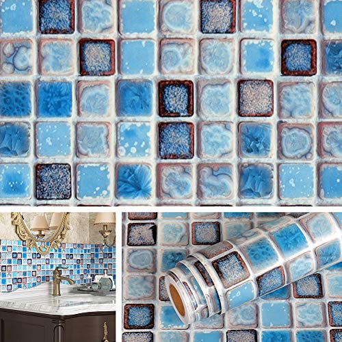 Livelynine Azulejos autocolantes cozinha 40 cm x 10 m vinil cozinha azulejos azuis vinil para casas de banho impermeáveis vinil azulejos decorativos painel revestimento duche vinil cozinha azulejos em