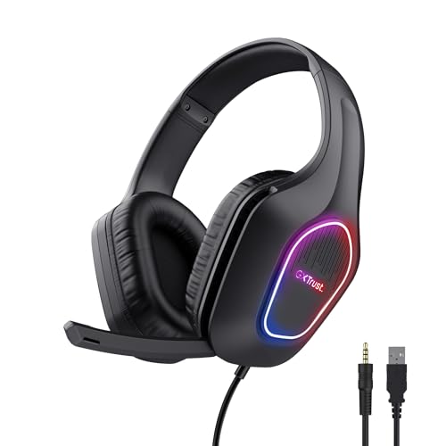 Trust Gaming GXT 419 Rayne Capacetes de jogos leves para PC/consola, iluminação LED alimentada por USB, drivers de 50 mm, conexão de 3,5 mm, microfone dobrável, auriculares com cabo Over-Ear, preto