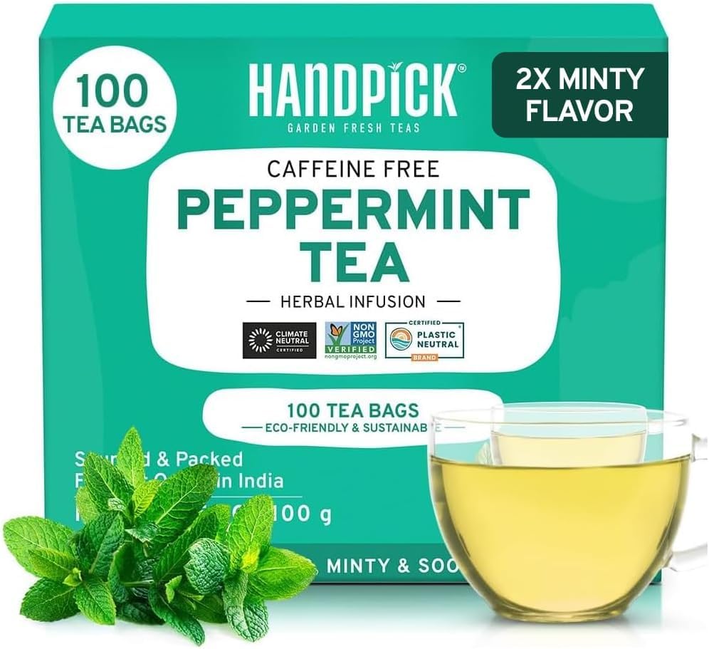 HANDPICK, Chá de menta, 100 sacos de chá | sem cafeína, sem OGM, sabor mentolado e fresco, originário diretamente da origem