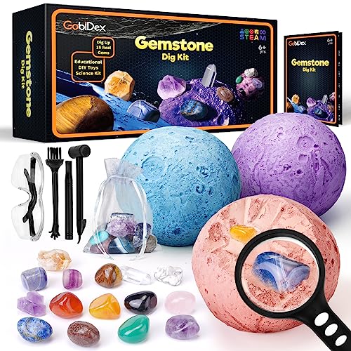 GobiDex Minerais para crianças, pedras e cristais naturais, kit de escavação para 6 7 8 9 10 anos, geologia, ciência e jogo, sistema solar, planetas, cavando a lua para meninos e meninas