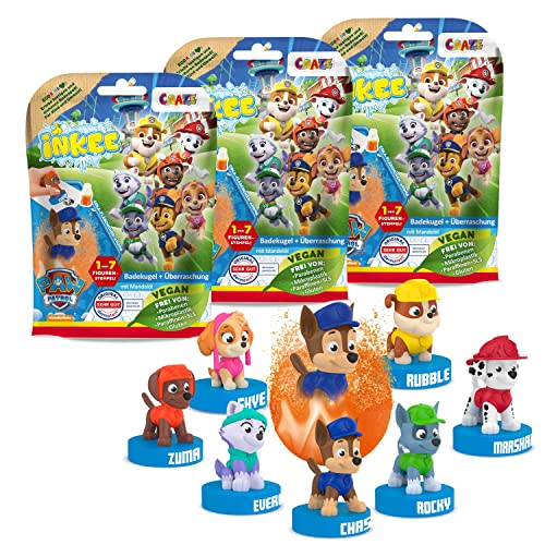 INKEE Pack de 3 bombas de banho infantis de Paw Patrol com presente surpresa estatueta de patrulha canina para banheira, aroma de geleia de cola