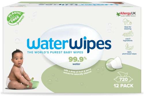 WaterWipes Toalhetes húmidos texturizados de origem vegetal para crianças pequenas e bebés, ), 99,9% base de água, sem perfume para peles sensíveis, 12 pacotes x 60 toalhetes (720 total)