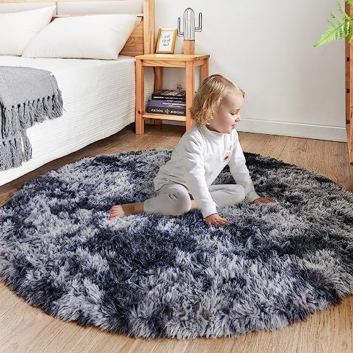 ROHATIM Tapetes de sala redonda de cabelo comprido tapete de quarto quarto lavável tapete antiderrapante muito macio para sala de estar ou quarto, tapete esponjoso de cama (cinzento escuro, Ø 150 cm
