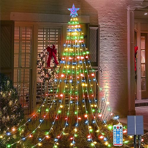 Acxilexy 2 m * 9 luzes árvore natal solar com estrela, 198 LEDs grinalda luzes árvore de Natal, luzes de Natal impermeáveis com 8 modos, LED luzes decorativas para o Natal, casamentos, jardim