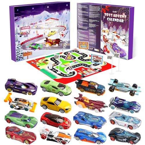 Calendário advento 2025, Christmas Advent calendário com 16 brinquedos para carros, mapa e 6 personagens de desenhos animados, brinquedos calendário advento crianças, ideal para presente surpresa de