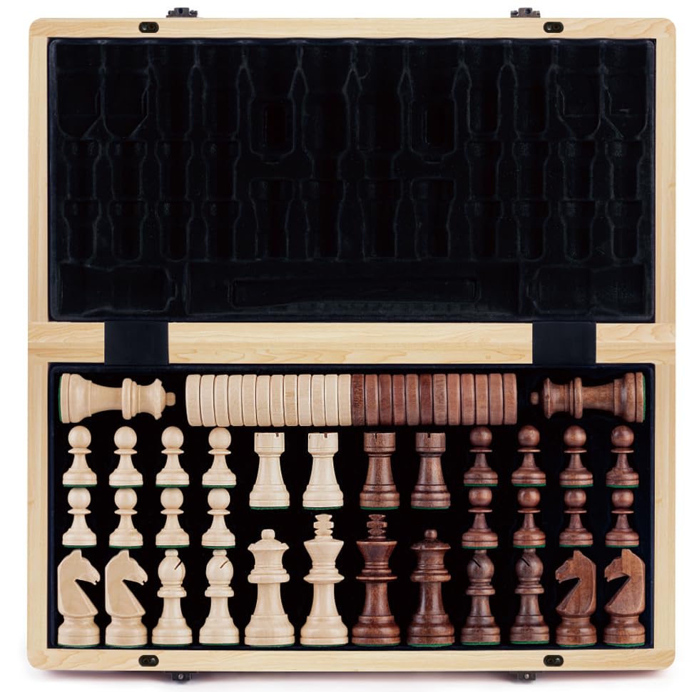 A&A Jogo de xadrez dobrável de madeira de 15 polegadas com 3 polegadas King Height Staunton Chess Pieces / 2 Extra Queens