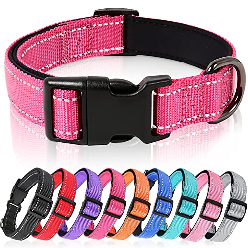 HEELE Coleira cão, coleira de nylon refletor neoprene forrado ajustável para cão pequeno, rosa, XS