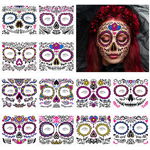 URAQT Autocolantes de Halloween, 12 folhas tatuagens temporárias para adultos de zombie impermeáveis, rosto de crânio, maquilhagem e dia dos mortos