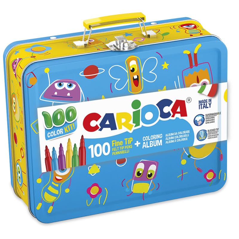 CARIOCA Caixa metálica com marcadores, 100 marcadores super laváveis com uma caixa de metal, ponta fina com álbum para colorir