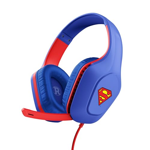 GXTrust 415SM Zirox Capacetes Gaming licença Superman para PC Xbox PS4 PS5 Switch Mobile, drivers de 50 mm, conexão 3,5 mm, microfone dobrável, auriculares leves com cabo 2 m Over-Ear, azul