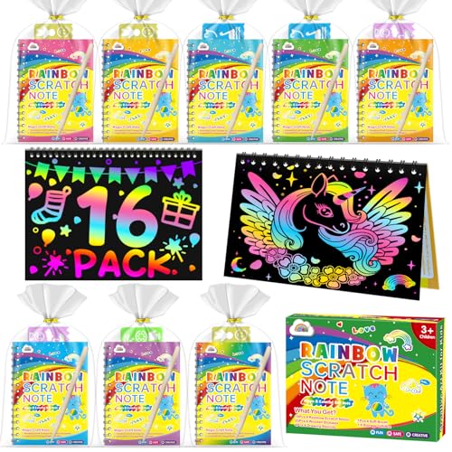 ZMLM 16 livros Scratch Art para crianças, presente criativo desenho de arranhar kit com 18 lápis de madeira, 16 modelos de desenho, Rainbow Magic Scratch papel presente de aniversário para crianças de