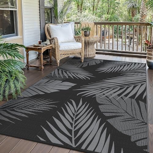GENIMO Tapete exterior com terraço, impermeável reversível de plástico, tapete para churrasco exterior para jardim, piquenique, varanda, folha preta cinzenta, 240 x 300 cm