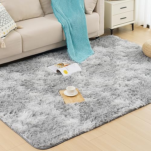 Vamcheer Tapete de cabelo comprido - tapetes para sala e quarto, 8 mm esponja grossa tapete área para quarto, lavável e antiderrapante, 160 x 230 Tie-Dye cinzento claro