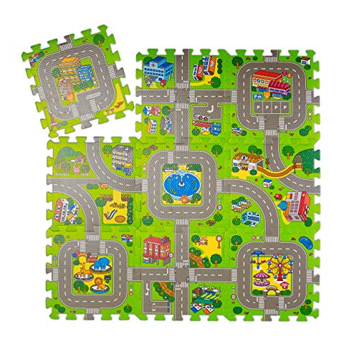 Relaxdays Tapete puzzle cidade, tapete conjunto de 9 peças, crianças e bebés, borracha EVA, sem tóxicos, 90 x 90 cm, multicolorido