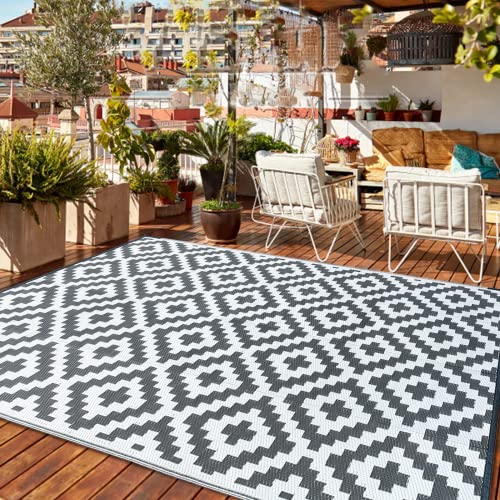 CHOSHOME Tapete de jardim impermeável 150 x 240 cm tapete de campismo leve tapete portátil fácil de limpar tapete de exterior tapete de plástico reciclado tapete de varanda cinzento