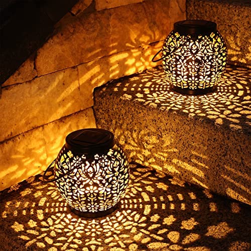 PhilzOps Lanternas solares exteriores, 2 peças luz solar jardim branco quente IP65 impermeável candeeiro solar suspenso luzes vintage para relvado varanda festa mesa caminhos campismo decoração