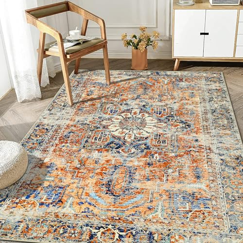 WONGS BEDDING Tapete boémio para sala de estar, quarto, cabelo curto, lavável, macio, antiderrapante, design vintage, cor laranja, 120 x 170 cm