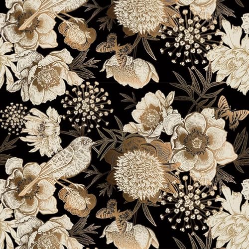 ReWallpaper Papel de parede autocolante flores vintage papel pintado parede preto e dourado papéis autocolantes parede quarto papéis pintados autocolantes de vinil móveis 44,5 cm x 3 m