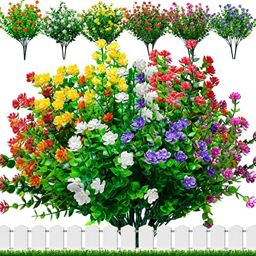 Elecoutek 12 pacotes de flores artificiais exterior e interior, flores falsas resistentes a raios UV, plantas artificiais decoração flores de plástico para cesta de suspensão, vaso, jardim, janela