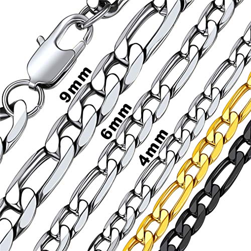 Bandmax Colar com corrente italiana Figaro ligações de aço inoxidável 4/6/9 mm de espessura, 36 cm - 76 cm de comprimento (com caixa de presente)