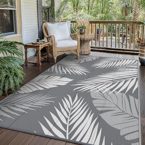 GENIMO Tapete exterior com terraço, impermeável reversível de plástico, tapete para churrasco exterior para jardim, piquenique, varanda, folha branca acinzentada, 240 x 300 cm
