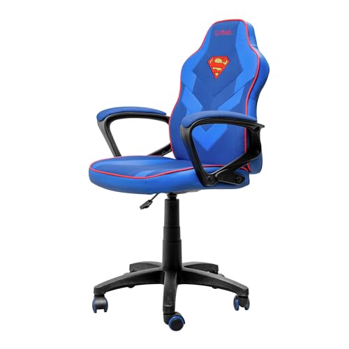 GXTrust 703SM Revvo Cadeira Gaming com licença super-homem para crianças, 4-12 anos, cadeira ajustável em altura com tapeçaria de tecido, apoios de braços acolchoado, Gamer secretária jogos PC, azul