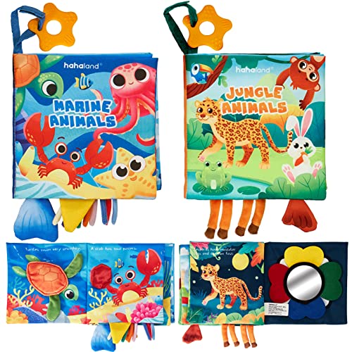 hahaland Livro bebé 2 peças - livros de tecido macio com texturas, mordedor, espelho - livro interativo sensorial brinquedos para bebés 0 3 6 12 meses