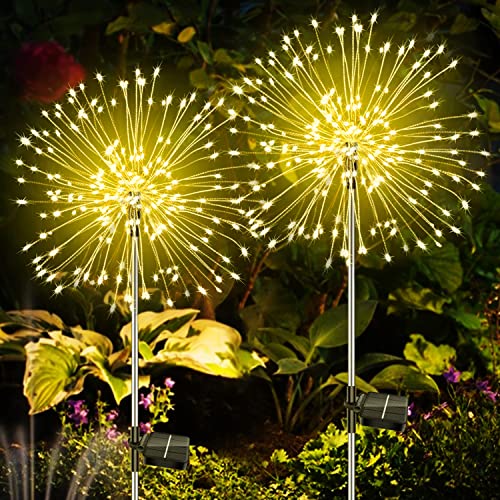 A.bigwhale - Candeeiro solar exterior (2 peças, 120 LED, luz solar ao ar livre, impermeável, 8 modos, fogos de artifício solares de jardim, para estradas de relva, terraço