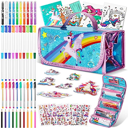 Auney Estojo escolar conjunto de papelaria presente para menina 4 5 6 7 8 9 10 anos, kit de brinquedos unicórnios para meninas inclui estojos escolares - canetas de cores - lápis - cadernos -