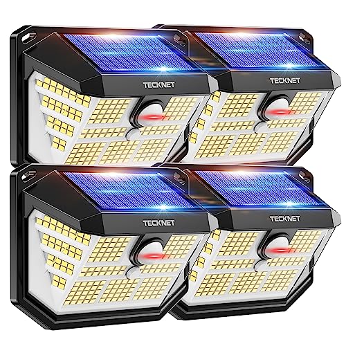 TECKNET Luz solar para exterior, iluminação LED 231 / 300° (luz 35newskill ) brilho alto luzes solares com sensor de movimento, 3 modos IP65 impermeável holofotes LED solares para jardim, garagem,