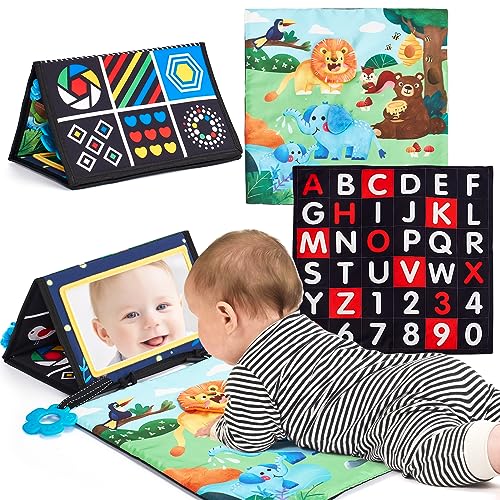 hahaland Montessori Brinquedos 0 3 6 meses espelho bebé, Tummy Time bebé 0 a 6 meses recém-nascido, livro sensorial dobrável preto e branco brinquedos educativos