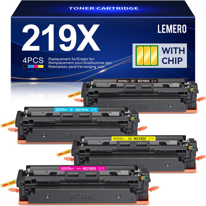 Lemero 219X Tonificador (com chip) compatível para HP Color Laserjet Pro MFP 3302FDWG 3302SDWG 3302FDW 3302SDW 3302FDN 3202DW 3302FDNG 3202DN - 219 219A W2190X NX NL Preto Cyan Magic Embalagem amarela