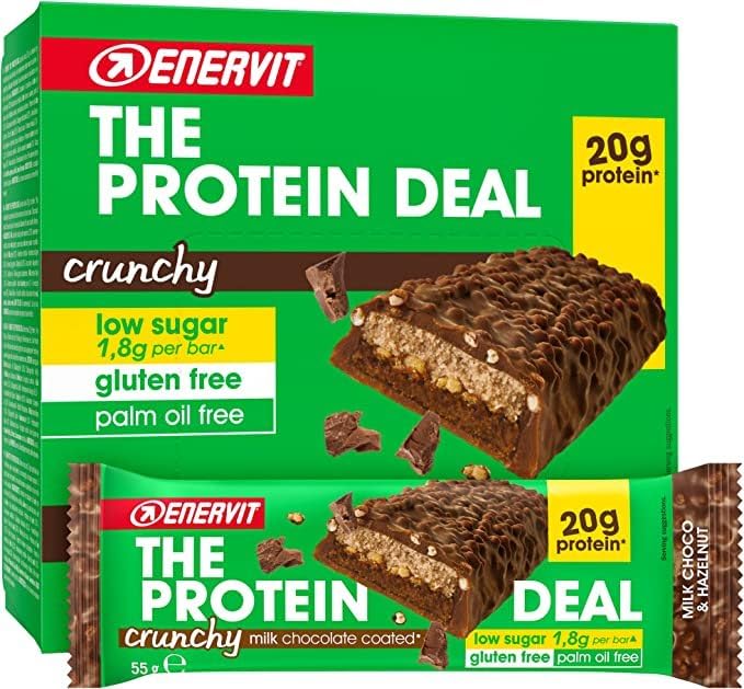Enervit, The Protein Deal Milk Choco & Hazelnut, barras protetoras Enervit, 20 g de proteínas, sabor avelã e chocolate com leite, lanches, profissionais sem glúten, baixos em açúcar, 12 x 55 g barras