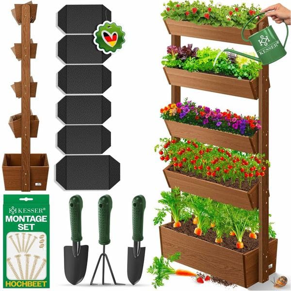 KESSER® Horta levantada com prateleiras vaso de flores escada de flores escada de plantas horta de verduras horta de ervas vaso de plantas com tecido de jardim, castanho, 5 níveis