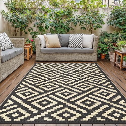 GENIMO Tapete exterior com terraço, impermeável reversível de plástico, tapete para churrasco exterior para jardim, piquenique, varanda, romo preto, bege, 180 x 275 cm