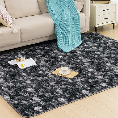 Vamcheer Tapete de cabelo comprido - tapetes para sala e quarto, 8 mm esponja grossa tapete área para quarto, lavável e antiderrapante, 120 x 170 Tie-Dye preto